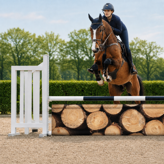 Paard en ruiter springen over Djumpz hindernisdoek Boomstammen met boomstamprint