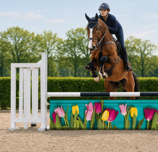 Paard en ruiter springen over Djumpz hindernisdoek Tulpen met kleurrijke tulpenprint
