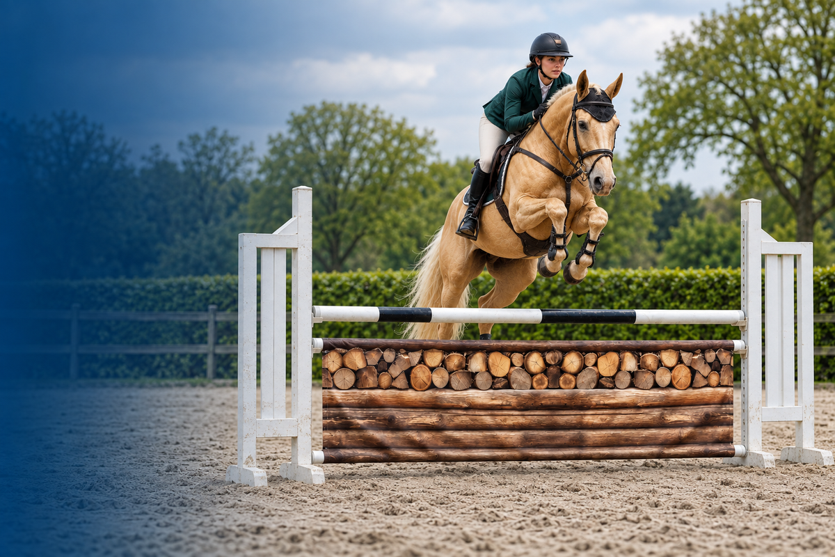 Ruiter met palomino boven een JumpBanner met boomstammenprint