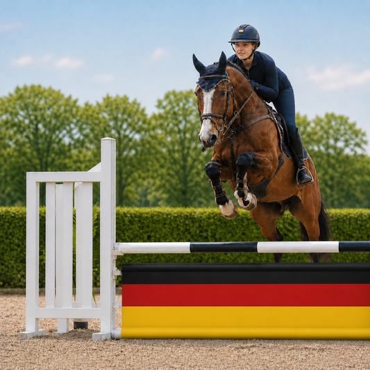 Paard en ruiter springen over Djumpz hindernisdoek Duitsland A met Duitse vlagprint