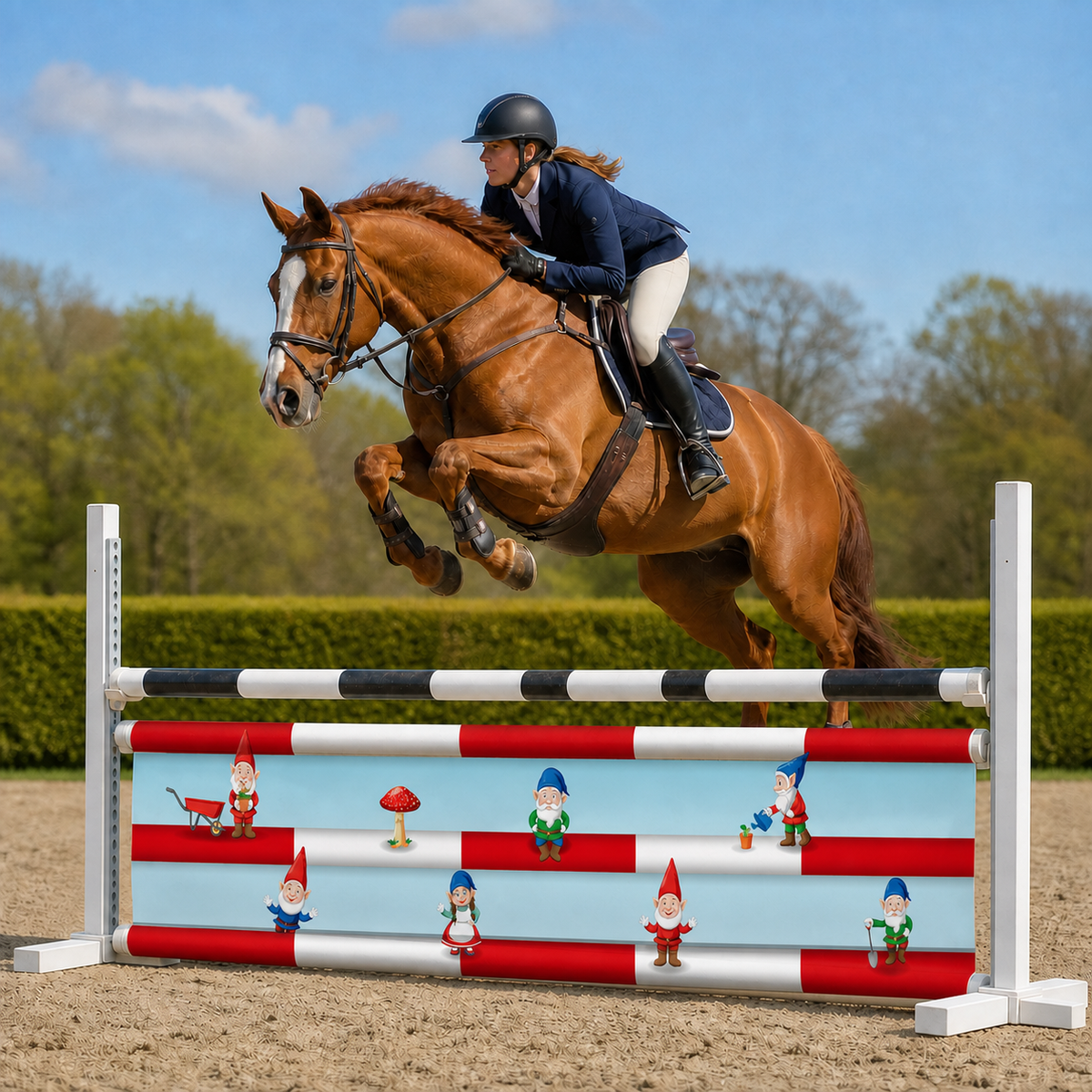 Paard en ruiter springen over Djumpz hindernisdoek Bakkabouters met kabouterprint