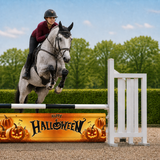 Paard en ruiter springen over Djumpz hindernisdoek Halloween met pompoenprint