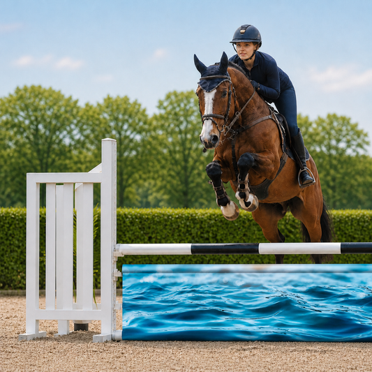 Paard en ruiter springen over Djumpz hindernisdoek Water met waterprint