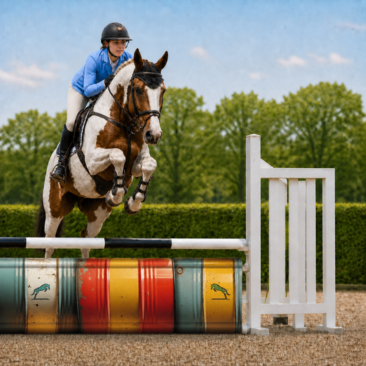 Hindernisdoek Barrels in hindernis met bonte springpaard
