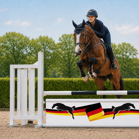 Paard en ruiter springen over Djumpz hindernisdoek Duitsland B met Duitse vlag en paardenprint