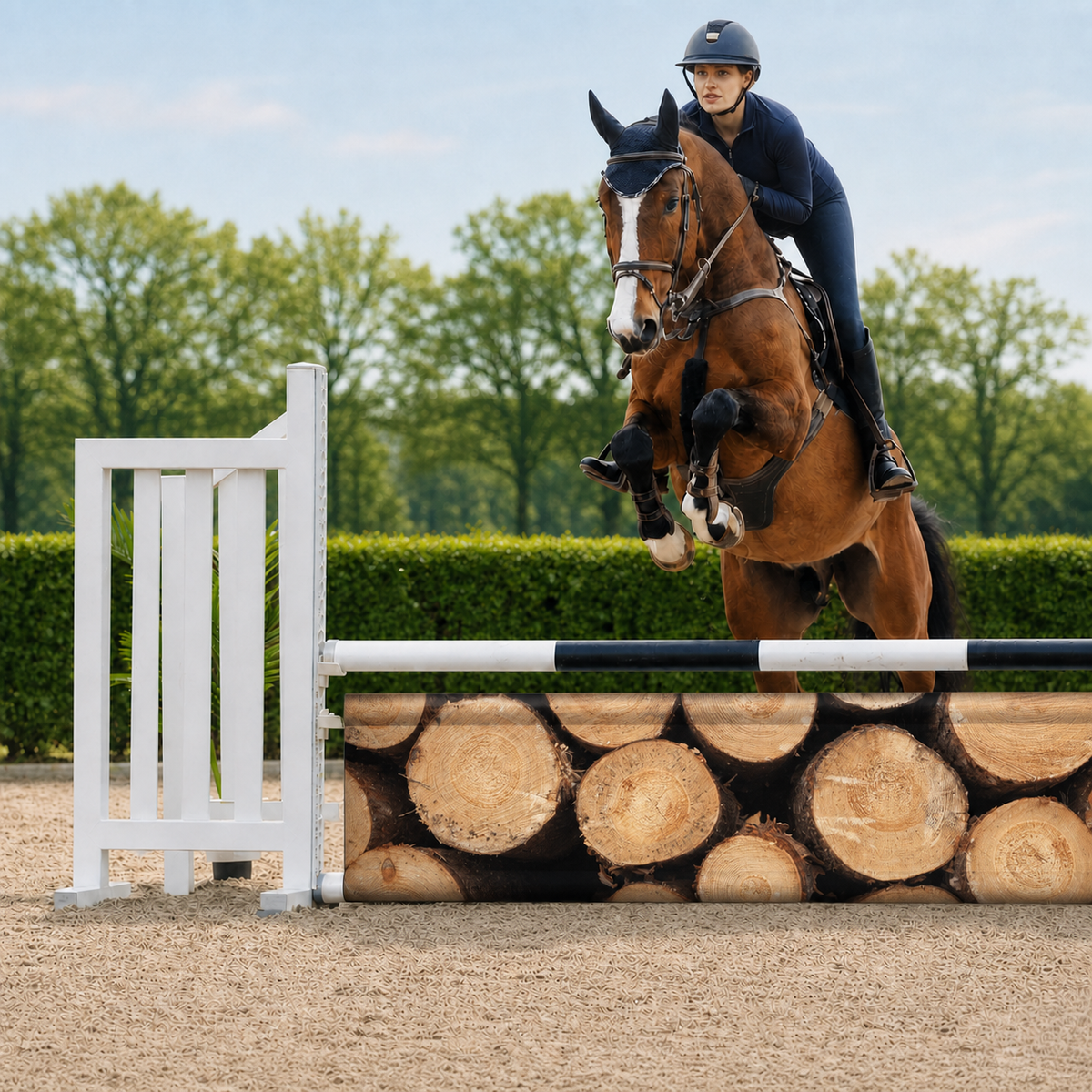 Paard en ruiter springen over Djumpz hindernisdoek Boomstammen met boomstamprint