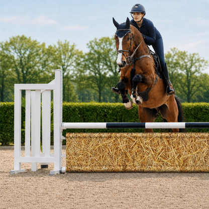 Paard en ruiter springen over Djumpz hindernisdoek Stro met stroprint