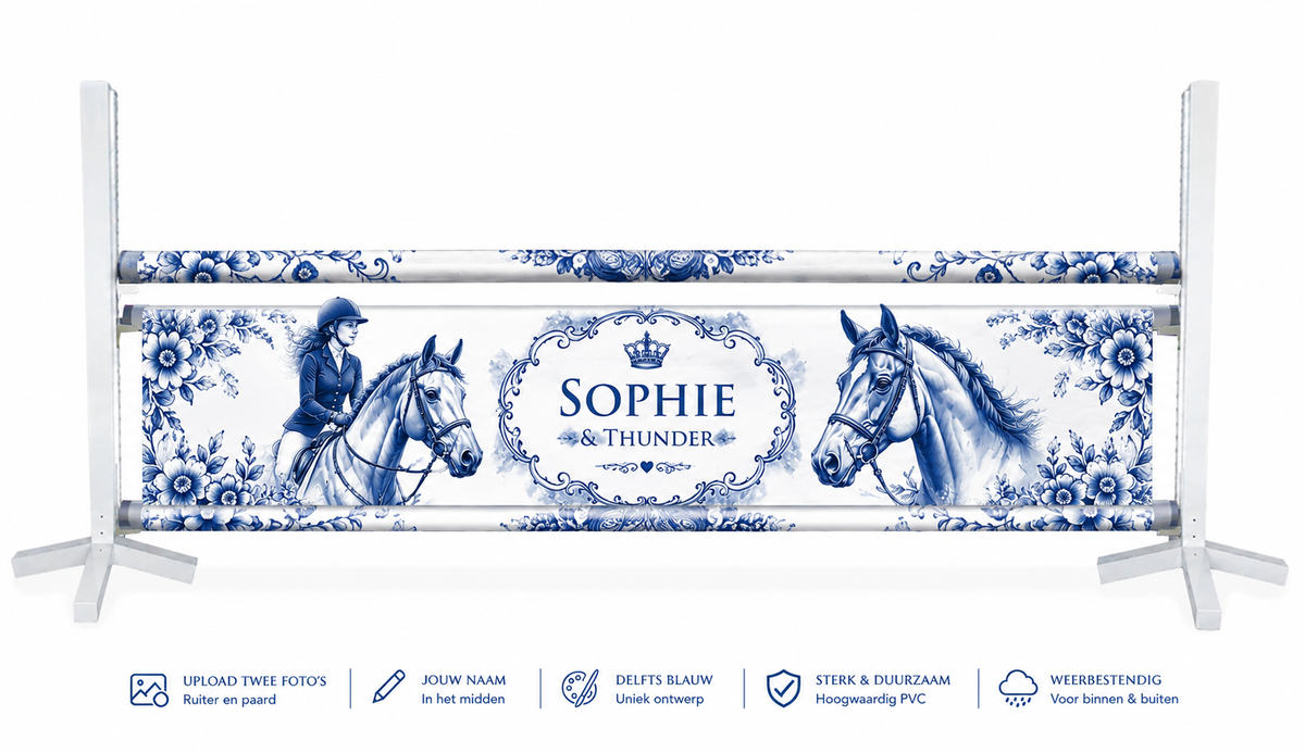 Gepersonaliseerd Delfts Blauw hindernisdoek van DJumpz met ruiter, paard en naam