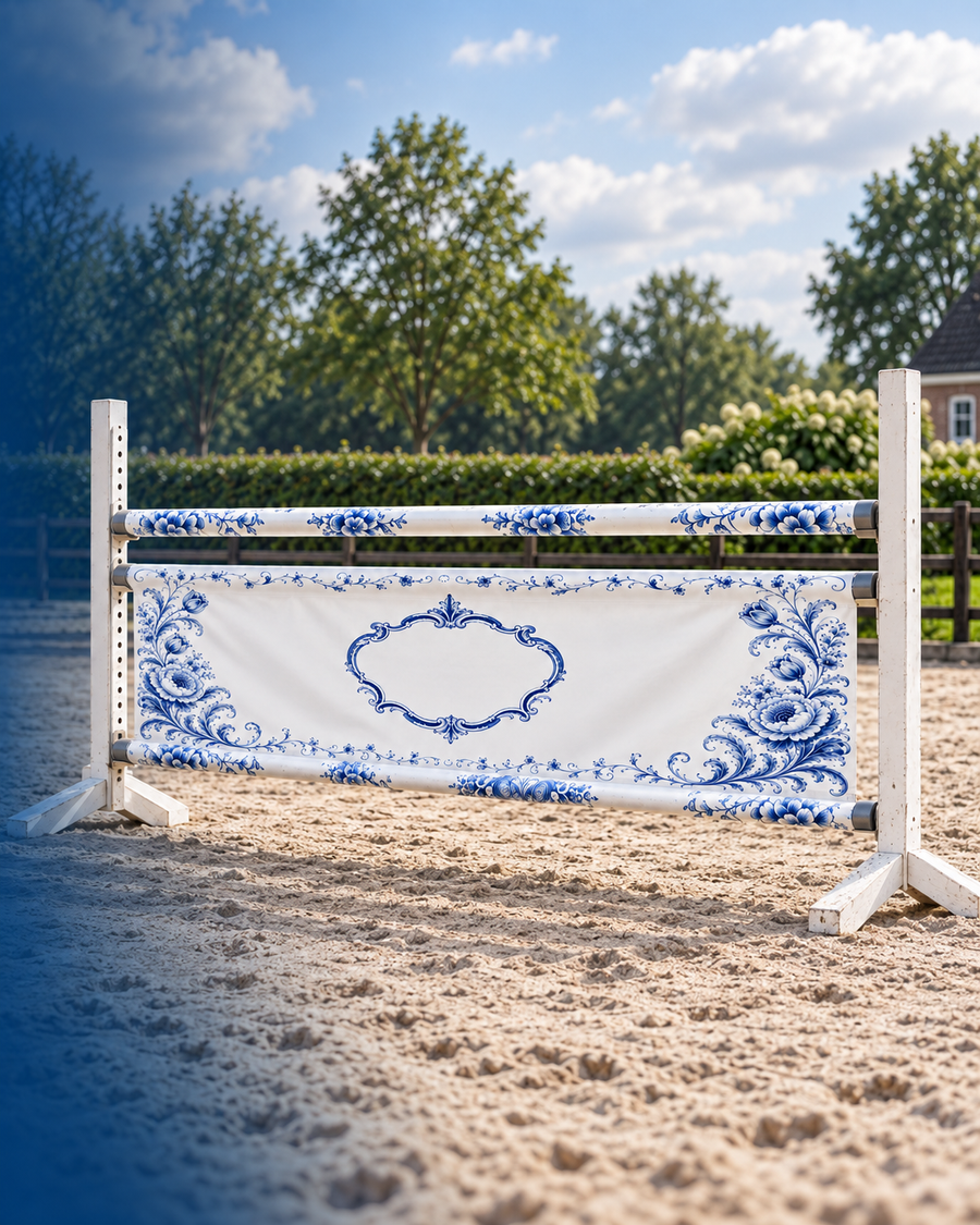 Delfts Blauwe JumpBanner met bloemenrand als basis voor een persoonlijk ontwerp