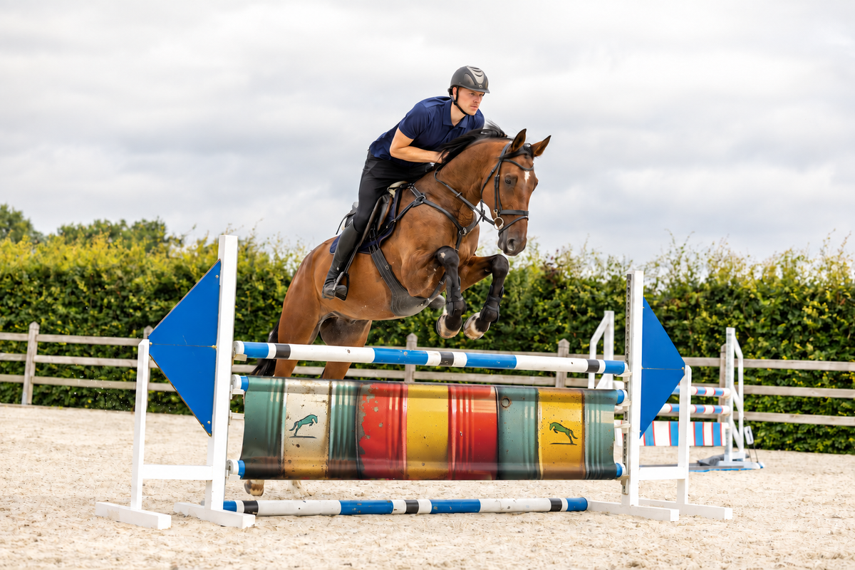 Ruiter en paard springen over Barrels JumpBanner variatie.