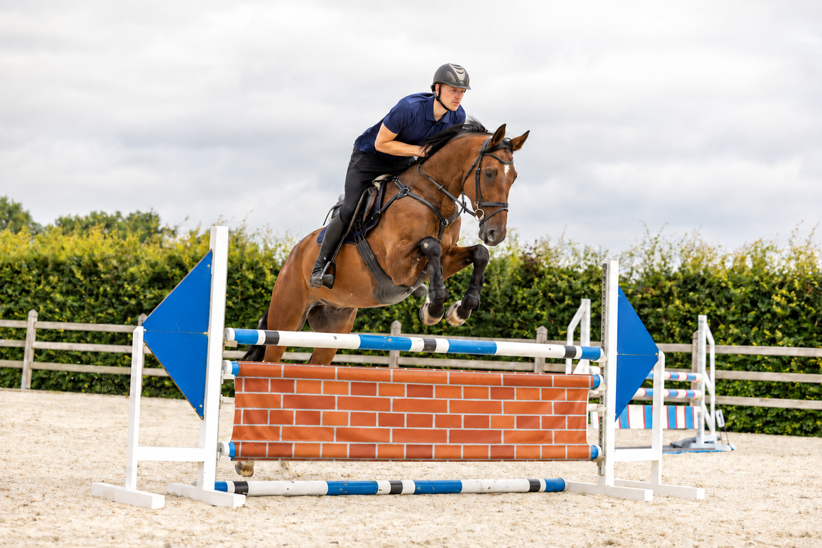 Ruiter en paard springen over Muur JumpBanner verdient kleur.