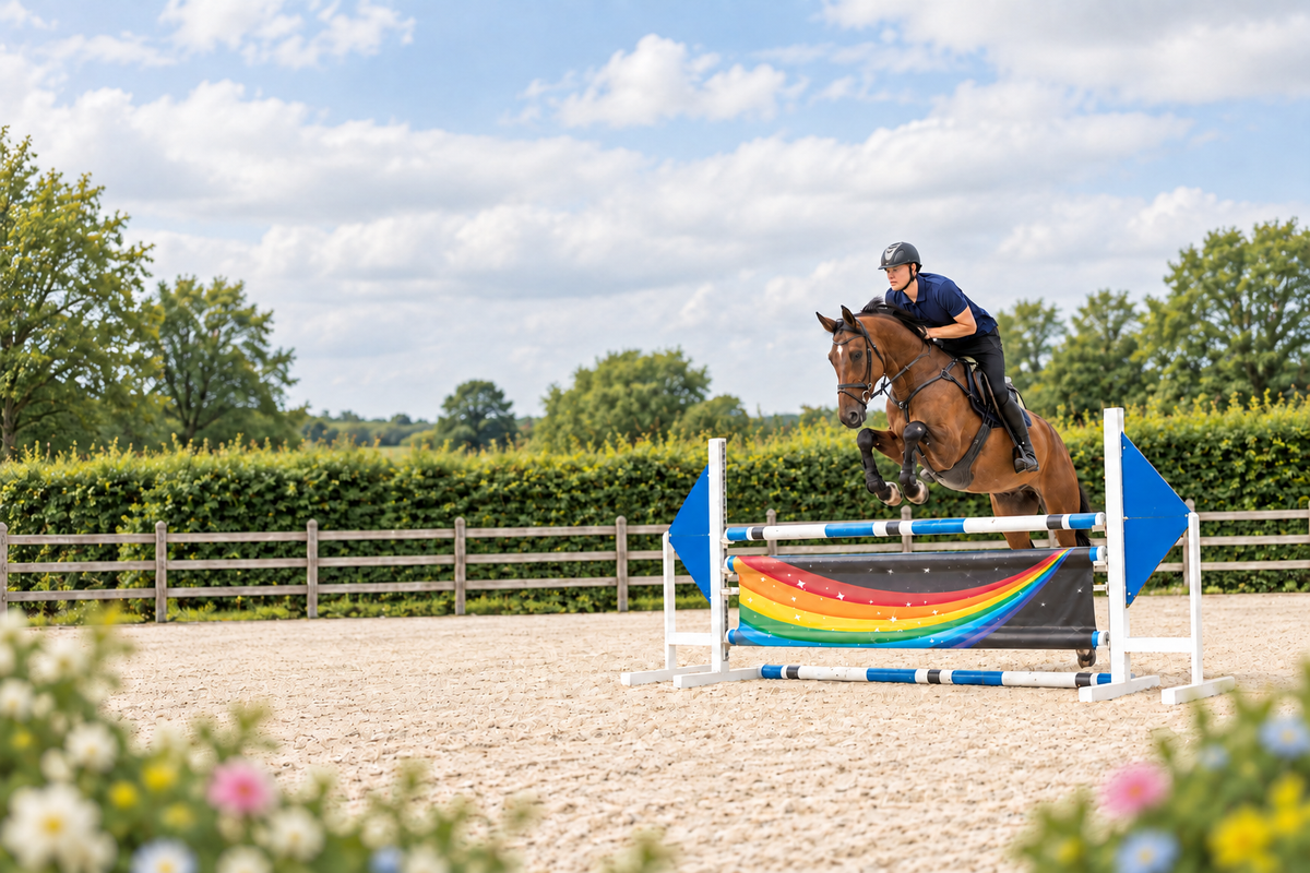Ruiter springt over Rainbow Stars JumpBanner in groene buitenbak met kleurrijke bloemen graag.