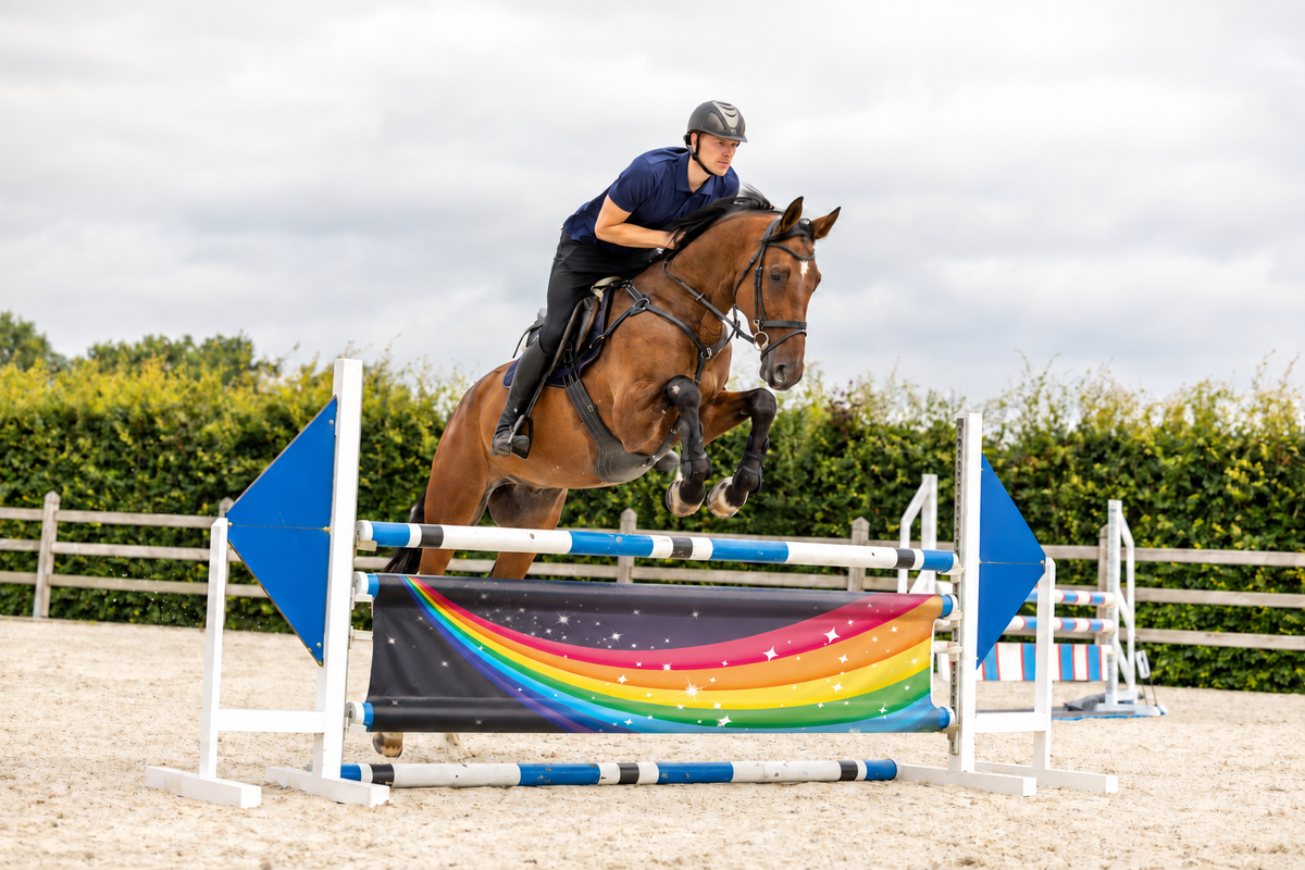 Ruiter en paard springen over Rainbow Stars JumpBanner sprong begint hier.