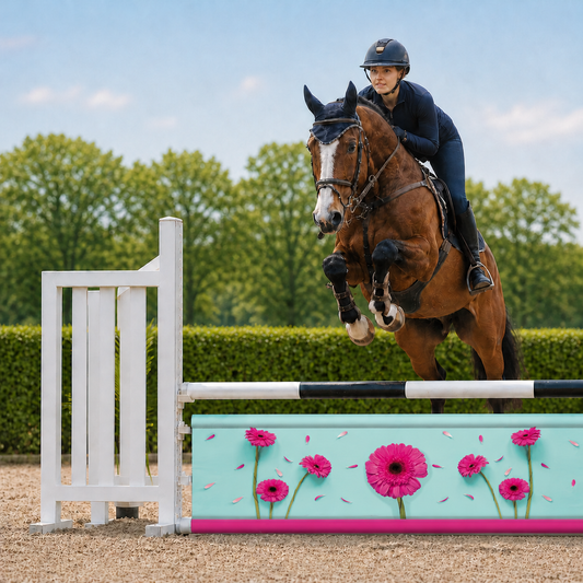 Paard en ruiter springen over Djumpz hindernisdoek Pink Daisy met roze bloemenprint