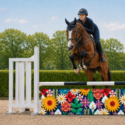 Paard en ruiter springen over Djumpz hindernisdoek Colorful Flowers met bloemenprint