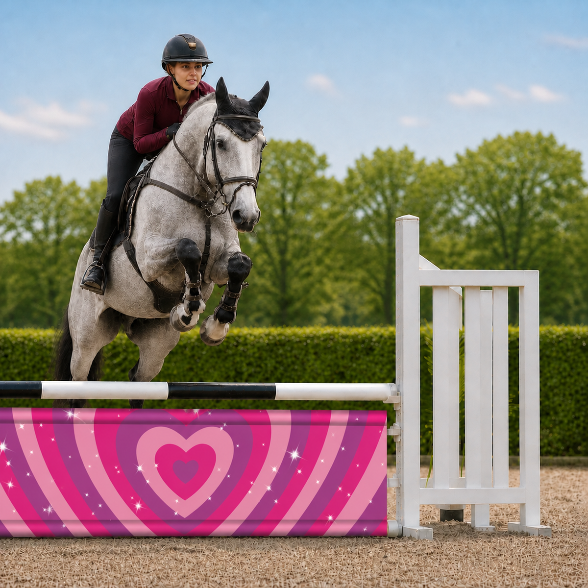Paard en ruiter springen over Djumpz hindernisdoek Sparkle Hearts met roze hartjesprint