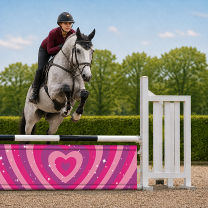 Paard en ruiter springen over Djumpz hindernisdoek Sparkle Hearts met roze hartjesprint
