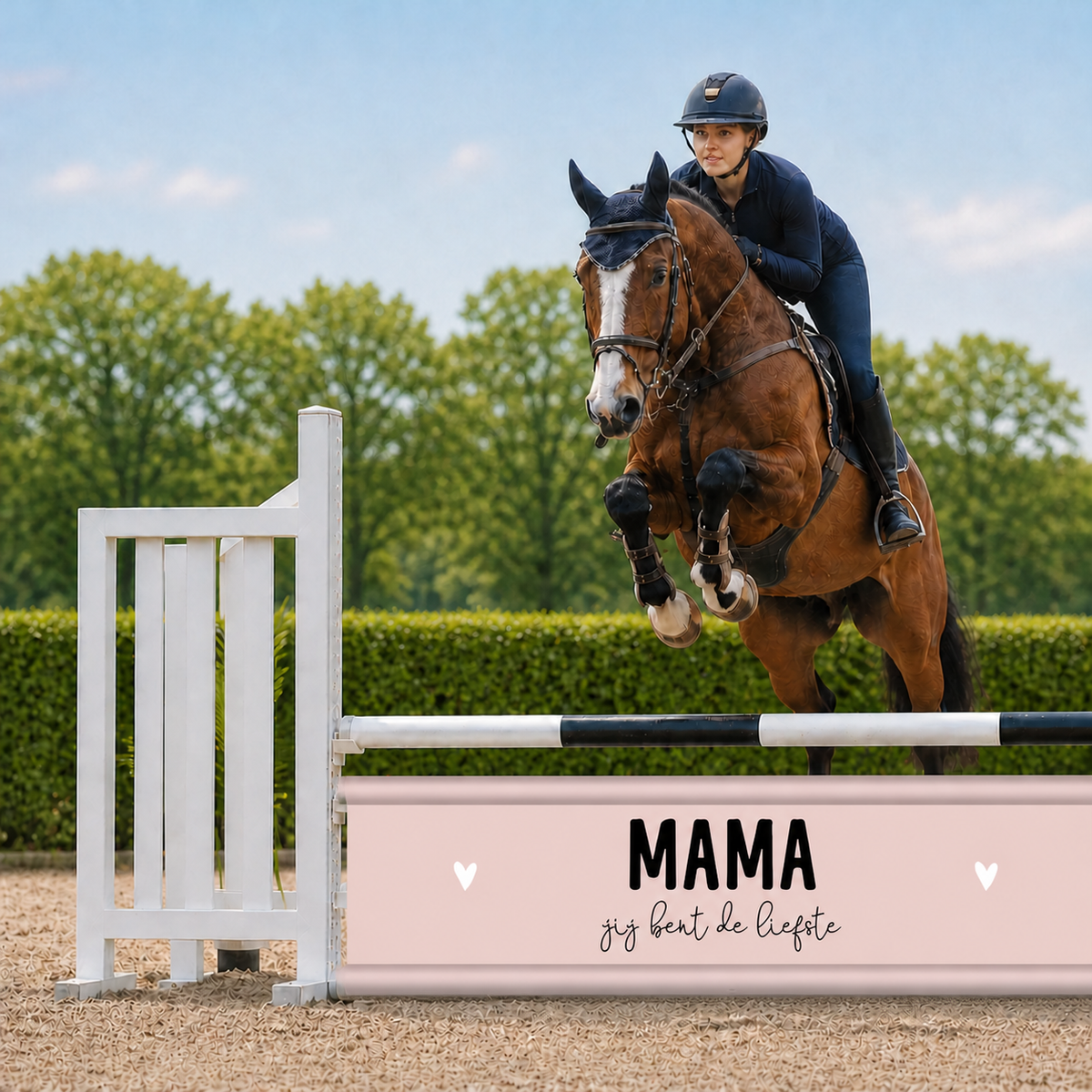 Paard en ruiter springen over Djumpz hindernisdoek Moederdag met Mama jij bent de liefste print