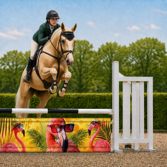 Hindernisdoek Funkie Flamingo's in hindernis met palomino springpaard