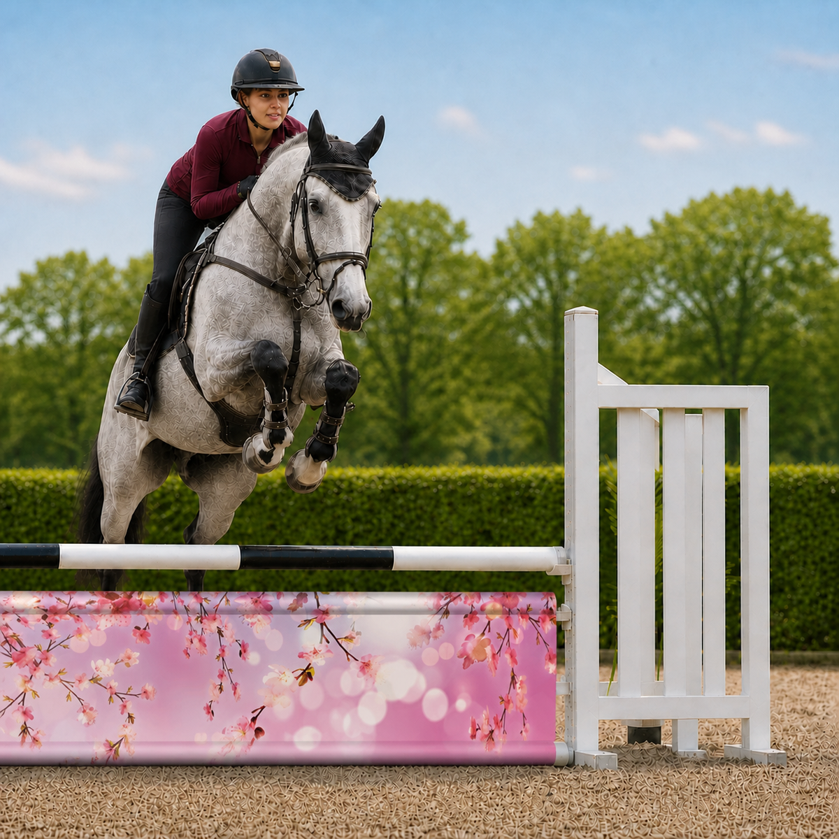 Paard en ruiter springen over Djumpz hindernisdoek Roze Bloesem met bloesemprint