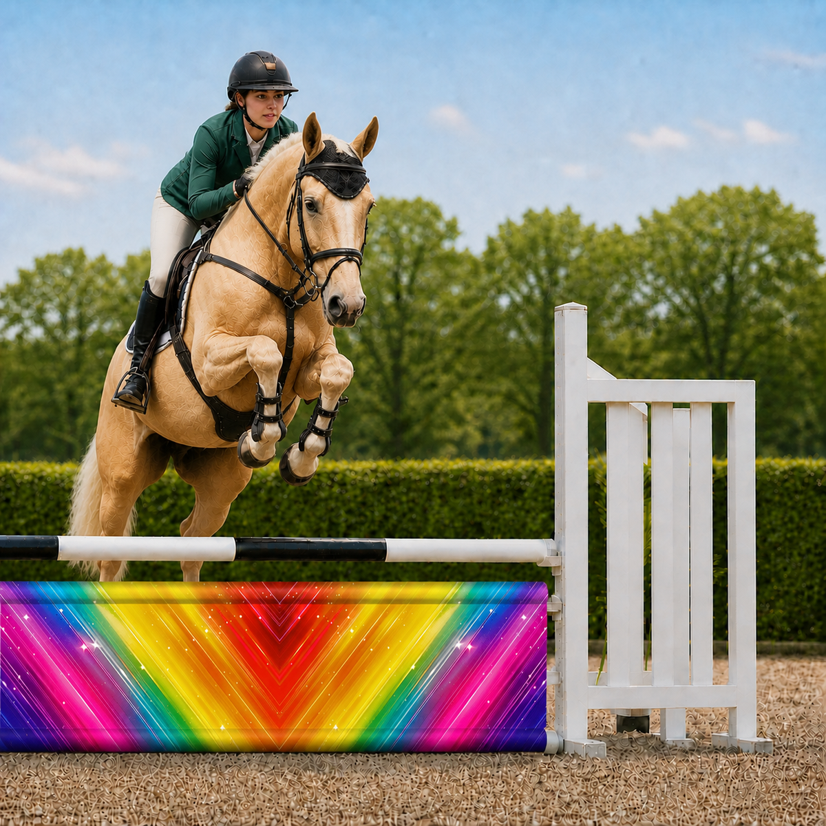 Hindernisdoek Rainbow Rush in hindernis met palomino springpaard