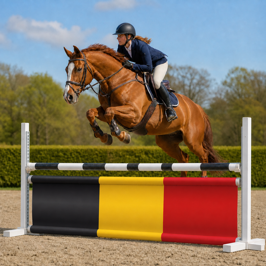 Paard en ruiter springen over Djumpz hindernisdoek België met Belgische vlagprint