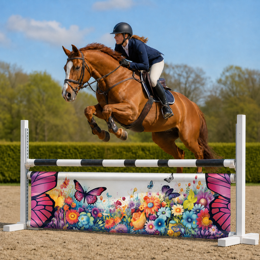 Paard en ruiter springen over Djumpz hindernisdoek Butterflies met vlinderprint