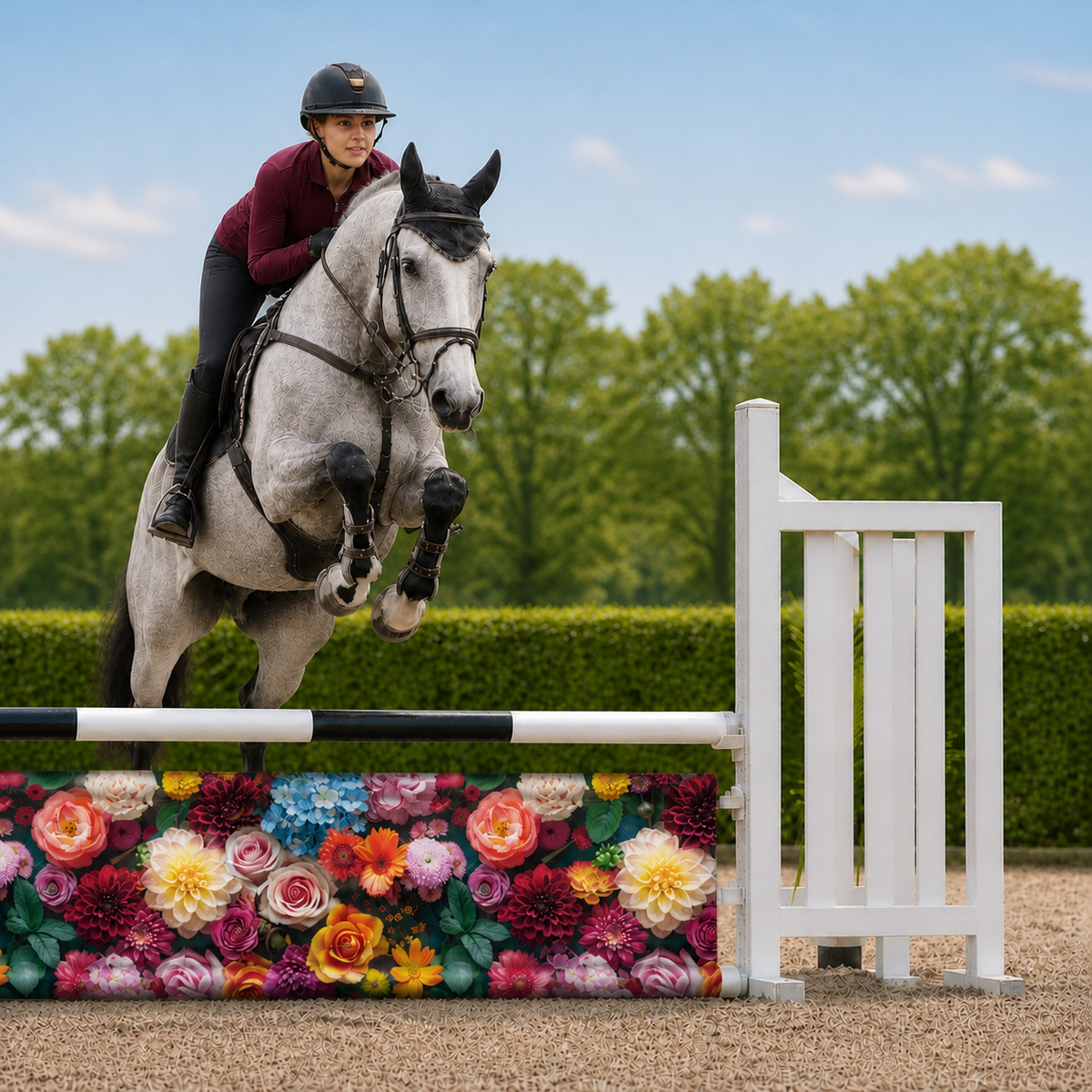 Paard en ruiter springen over Djumpz hindernisdoek Flower Fest met kleurrijke bloemenprint