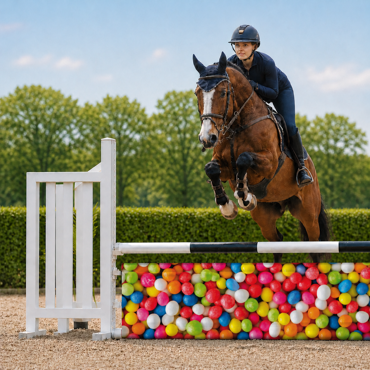 Paard en ruiter springen over Djumpz hindernisdoek Colorful Candies met snoepjesprint