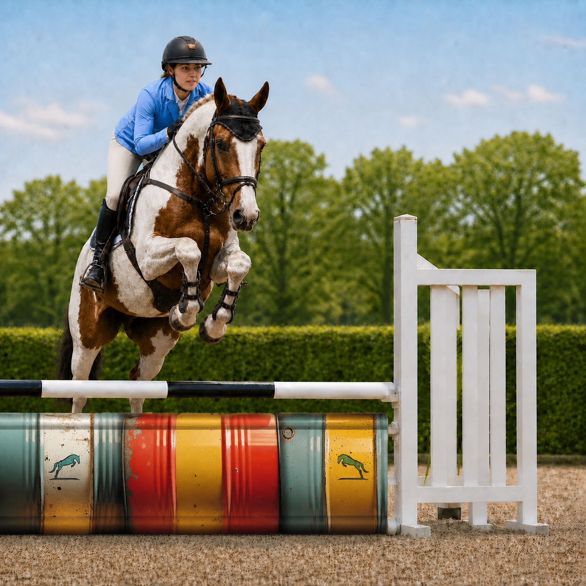 Hindernisdoek Barrels in hindernis met bonte springpaard