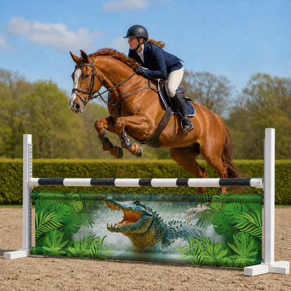 Paard en ruiter springen over Djumpz hindernisdoek Crocodile met krokodilprint
