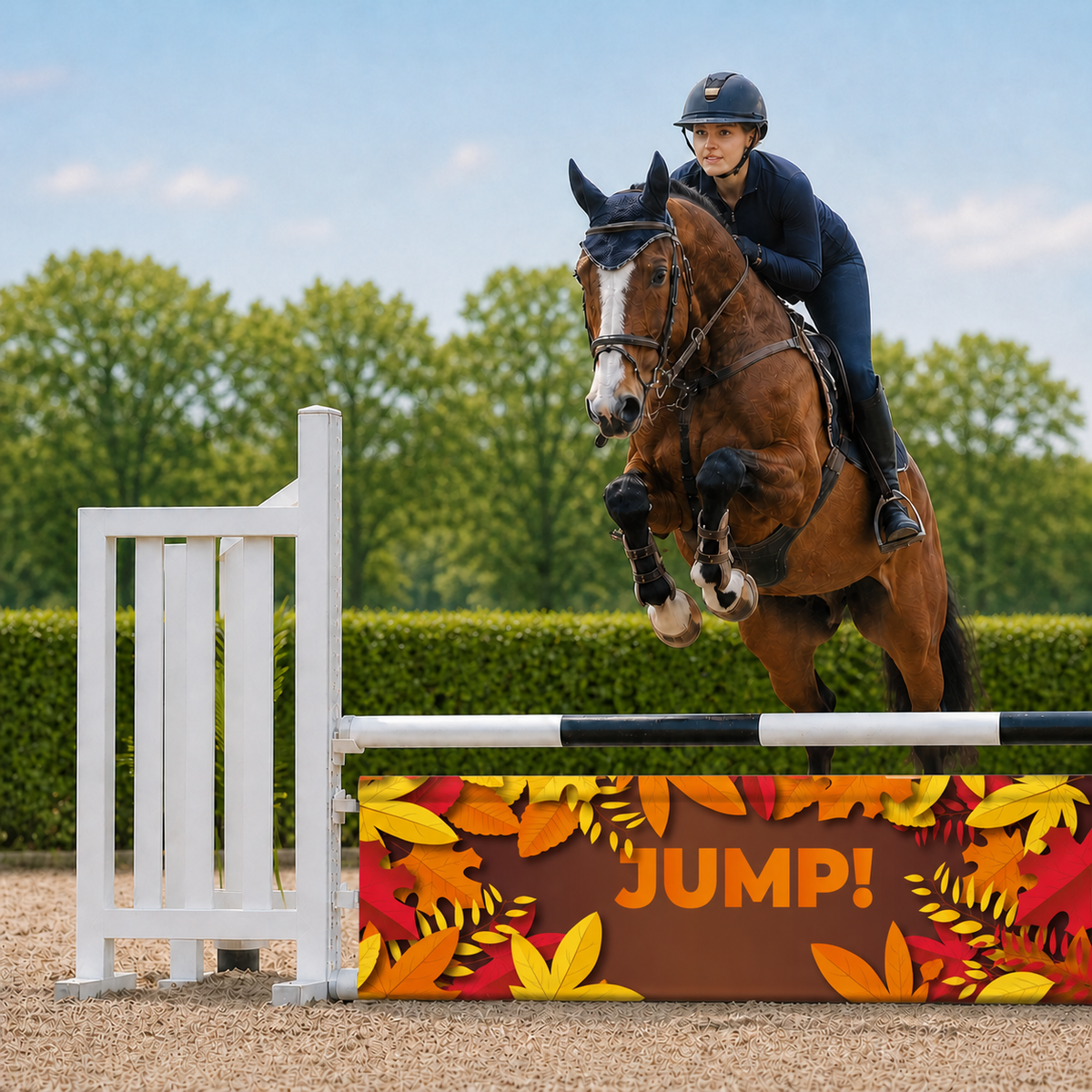 Paard en ruiter springen over Djumpz hindernisdoek Herfst met herfstbladerenprint
