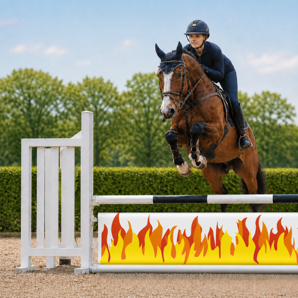 Paard en ruiter springen over Djumpz hindernisdoek I'm on Fire met vuurprint