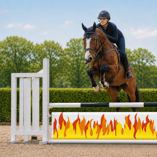 Paard en ruiter springen over Djumpz hindernisdoek I'm on Fire met vuurprint
