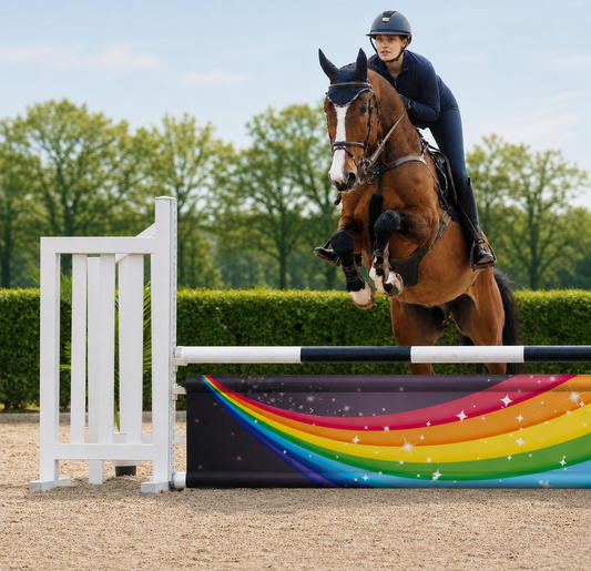 Hindernisdoek Rainbow Stars in gebruik tijdens een thuistraining met paard en ruiter